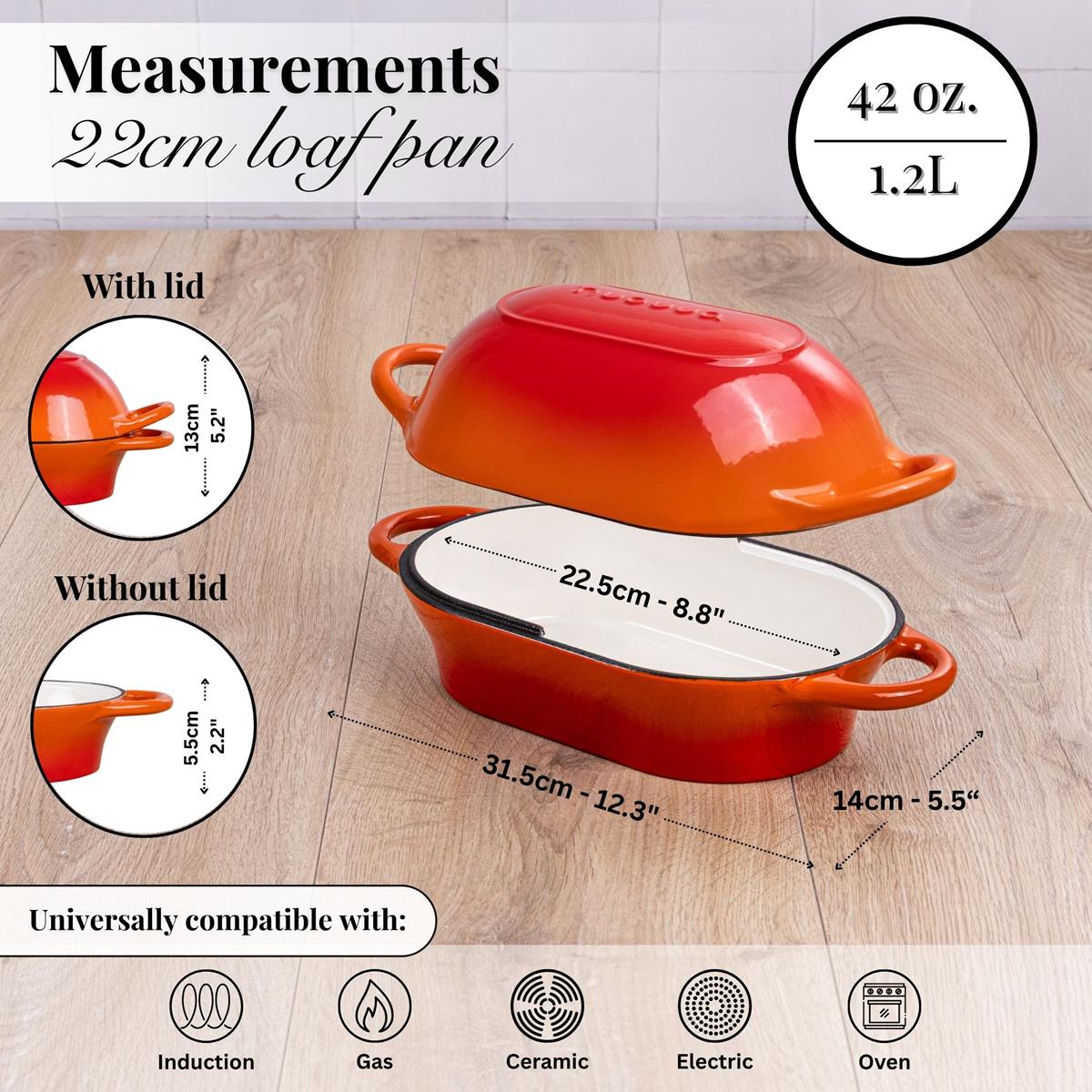 Orange Enamelled Cast Iron Bread Loaf Pot, Non-Stick Dutch Oven - 22.5x14cm, by Nuovva