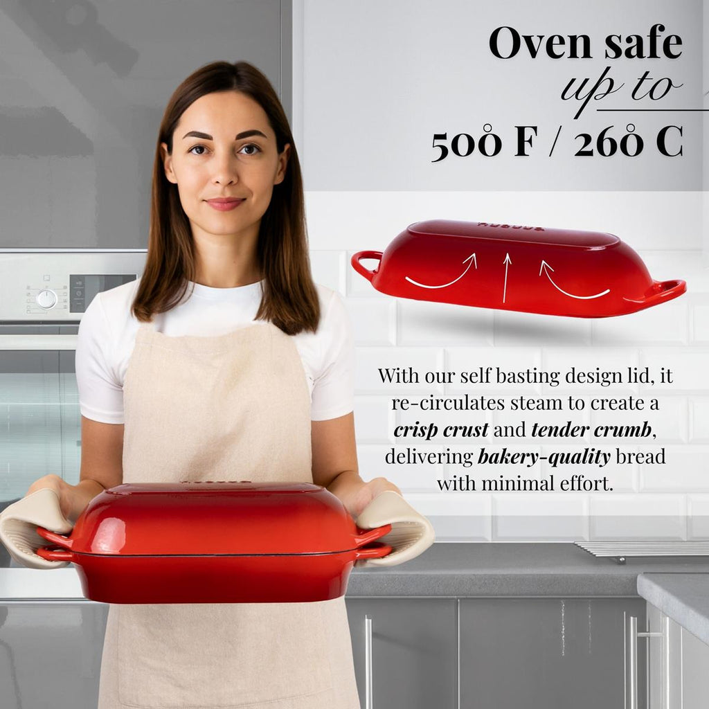 Red Enamelled Cast Iron Bread Loaf Pot, Non-Stick Dutch Oven - 32x14cm, By Nuovva