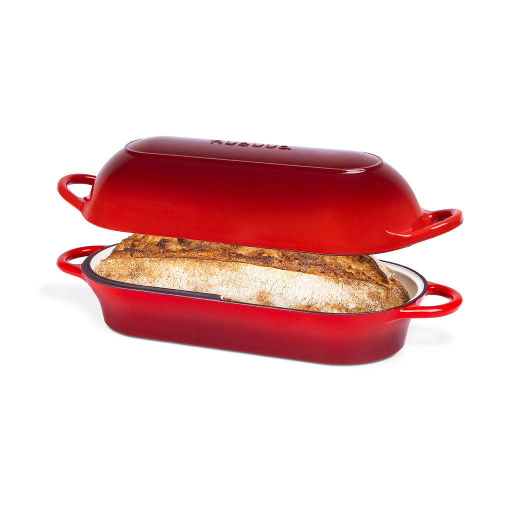Red Enamelled Cast Iron Bread Loaf Pot, Non-Stick Dutch Oven - 32x14cm, By Nuovva