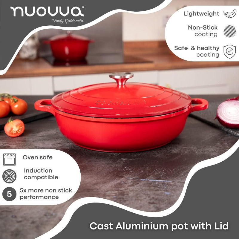 Red Aluminium Shallow Casserole Pan with Lid - 28cm - 3.9L, by Nuovva