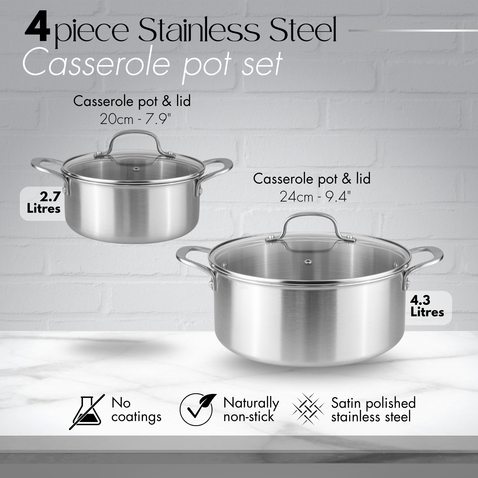 Stainless Steel Casserole Pot Set of 4pc, 6pc with Glass Lids (Multiple Set Sizes), by Nuovva