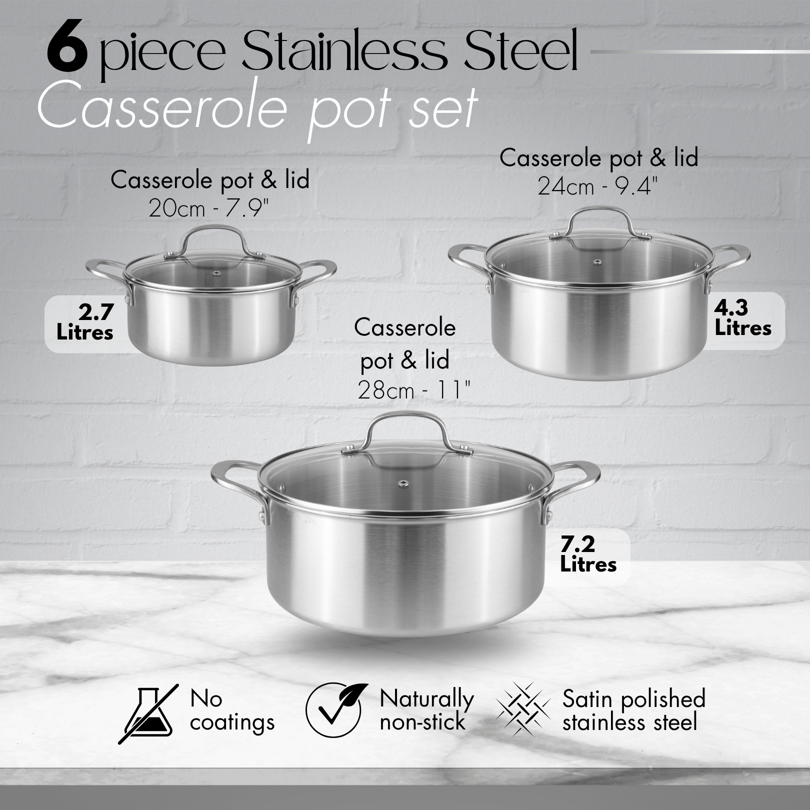 Stainless Steel Casserole Pot Set of 4pc, 6pc with Glass Lids (Multiple Set Sizes), by Nuovva