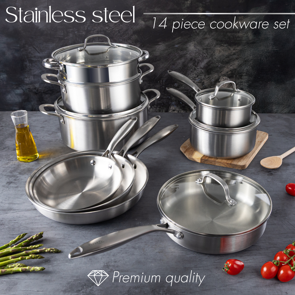Stainless Steel Cookware Set of 17, 14, 8, 6, 5 with Lids – by Nuovva