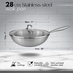 Stainless Steel Wok & Saute Pan 28cm with Glass Lids – Induction Safe - By Nuovva
