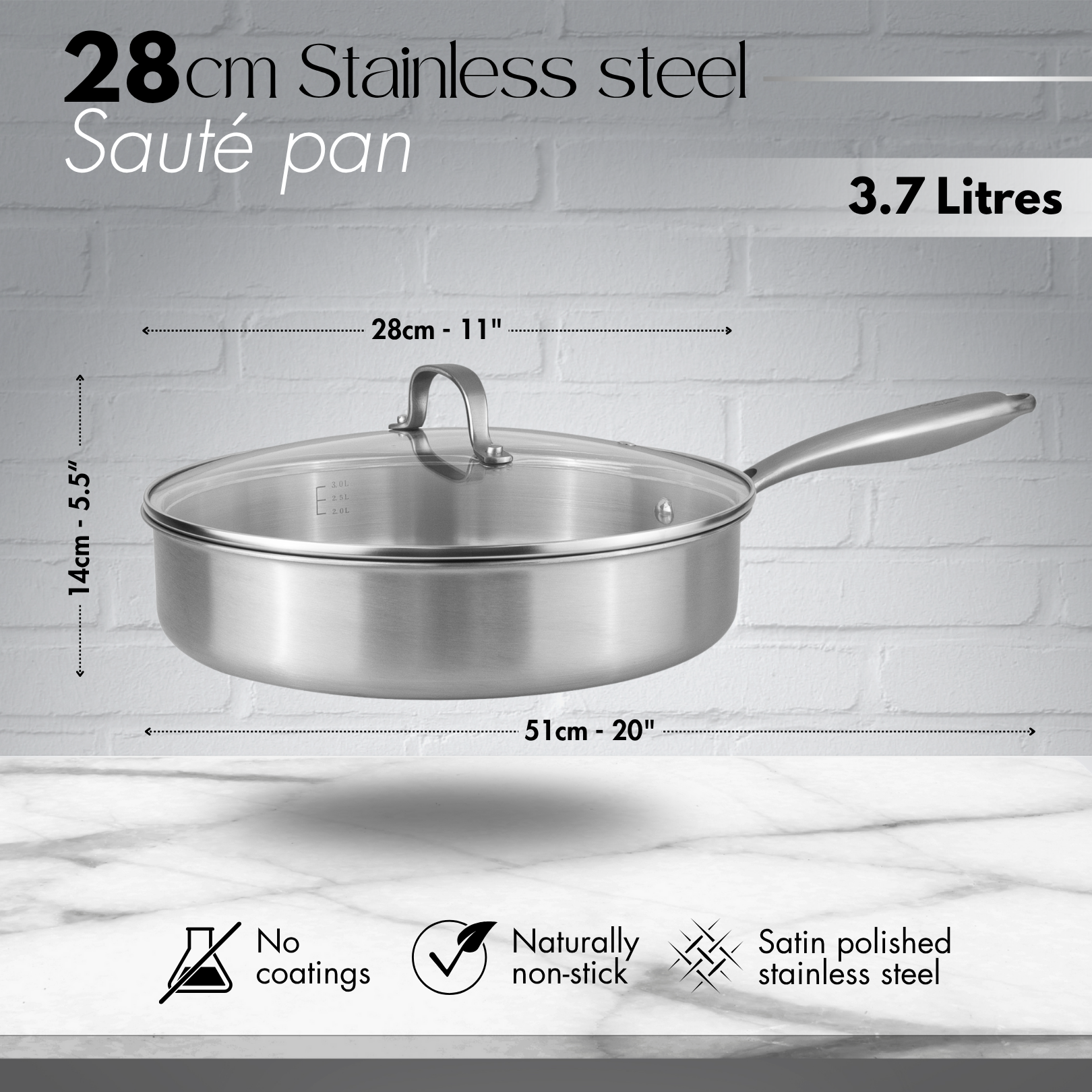 Stainless Steel Wok & Saute Pan 28cm with Glass Lids – Induction Safe - By Nuovva