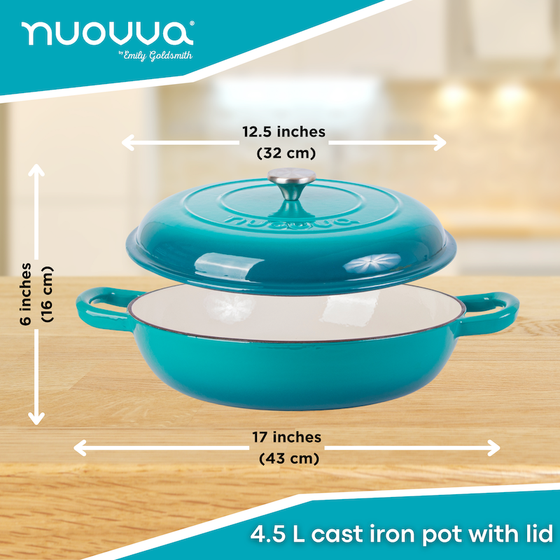 Shallow Cast Iron Casserole Dish with Lid - 32cm - 3.5L (Multiple Colours), by Nuovva