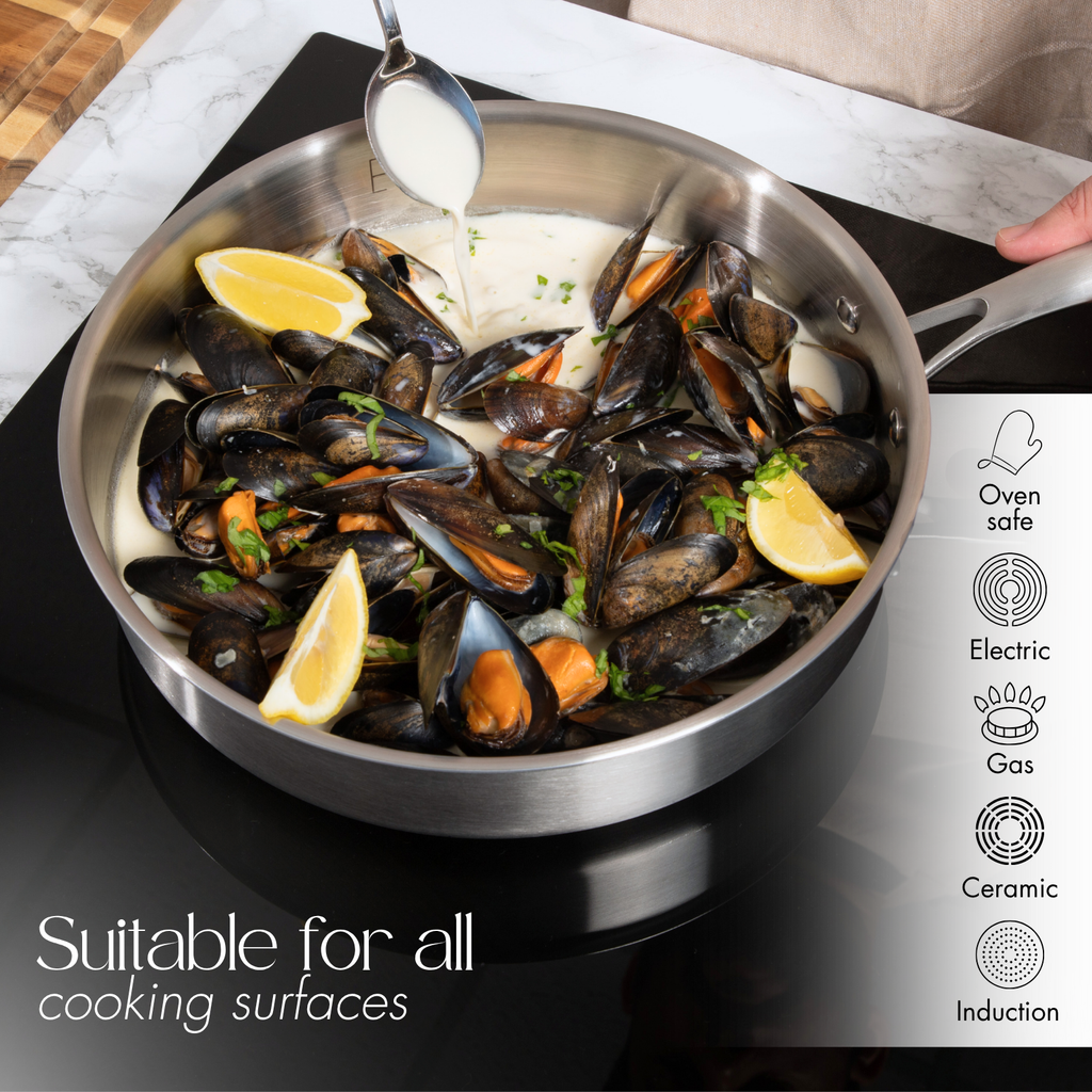 28cm Stainless Steel Sauté Pan with Glass Lid – Induction Safe – By Nuovva