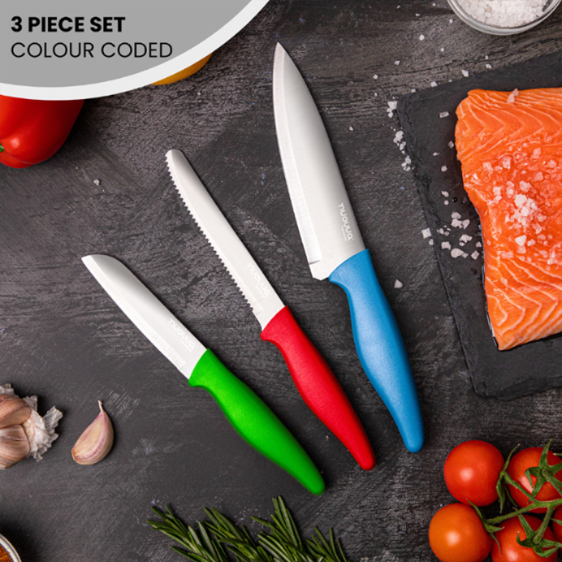 Kitchen Knife Set, Stainless Steel Non-Stick Blades - 3 pieces (Multiple Colours), by Nuovva