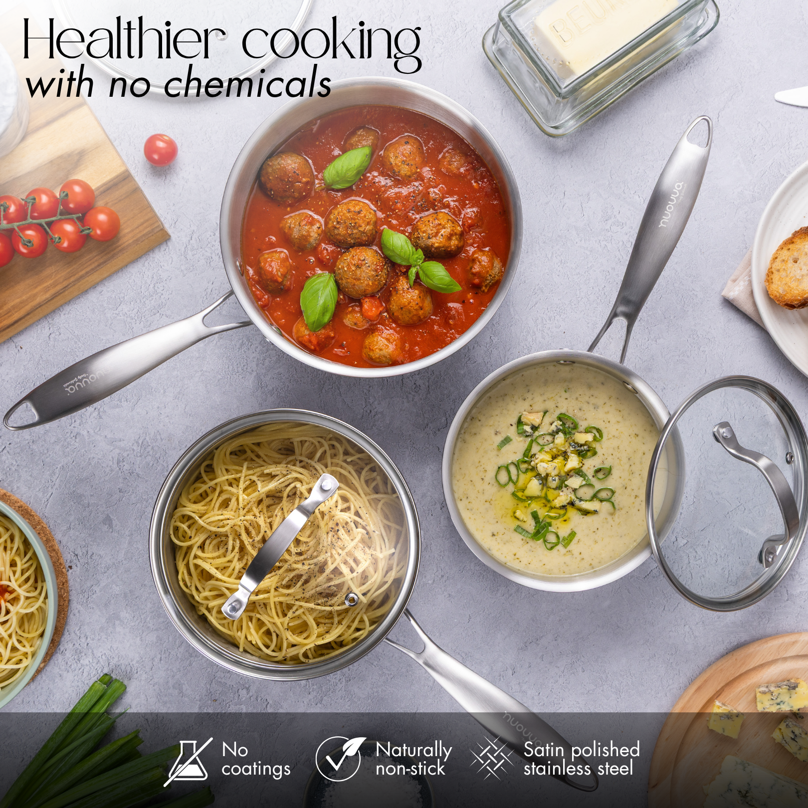 6Pcs Stainless Steel Saucepan Set – Induction Ready Pots with Glass Lids – By Nuovva