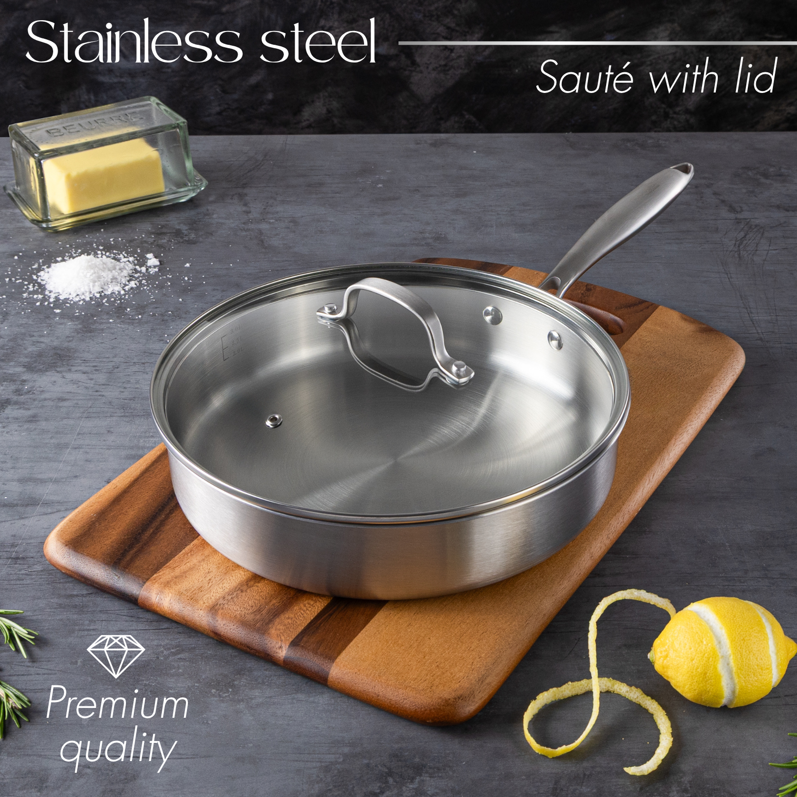 28cm Stainless Steel Sauté Pan with Glass Lid – Induction Safe – By Nuovva