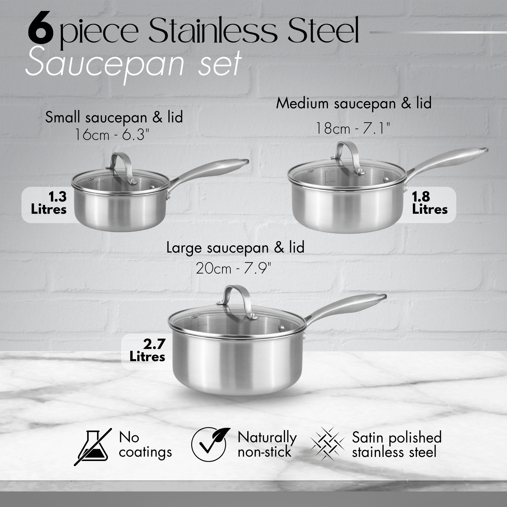 6Pcs Stainless Steel Saucepan Set – Induction Ready Pots with Glass Lids – By Nuovva