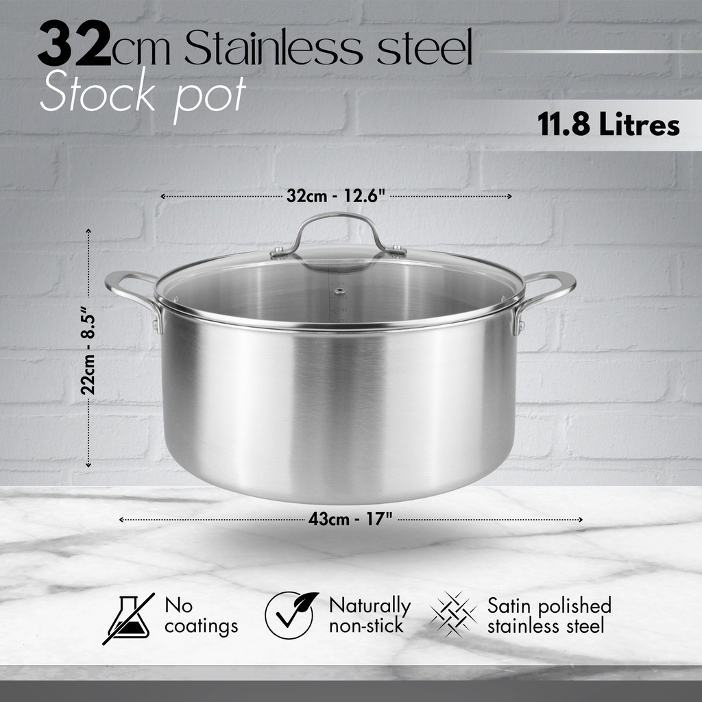 32cm Stainless Steel Stockpot with Glass Lid – Induction & Oven Safe ( 32cm 11.8L) – By Nuovva